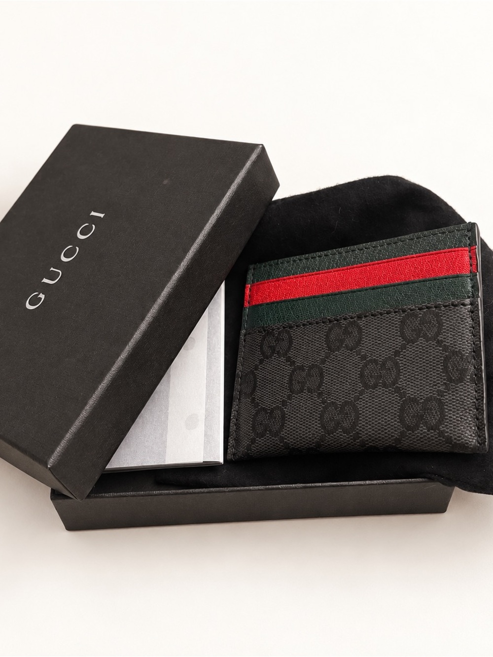 Gucci Black GG Supreme Card & Stripe Card Holder